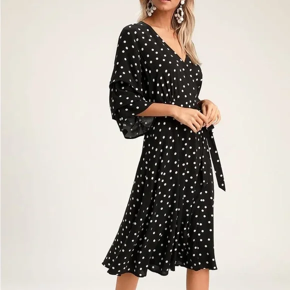 knee length dresses for ladies Black And Stone Polka Dot Wrap Side Tie Midi Dress – AX Paris US main image 1